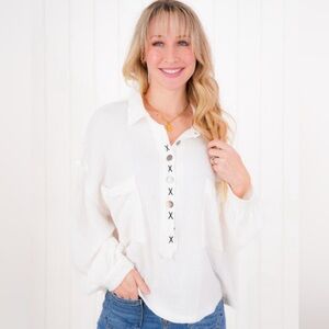 POL x Freckled Poppy Gauze Long Sleeve Button Up Top with Thermal Knit Details